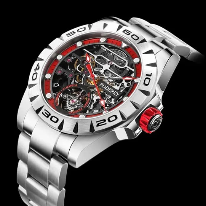 BODERRY Orologio automatico da uomo 42 mm Orologio da polso meccanico 5ATM Quadrante scheletrato con zaffiro luminoso impermeabile