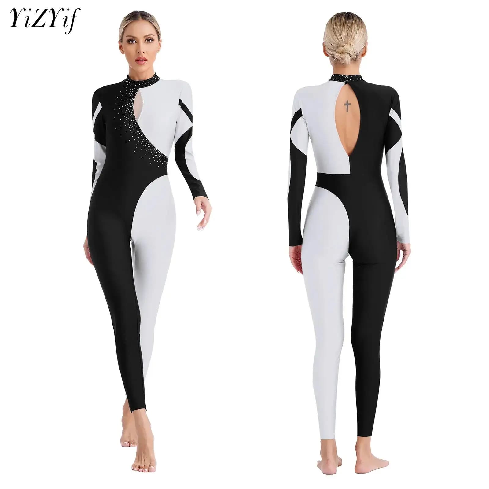 Donne Strass Balletto Danza Ginnastica Body Pattinaggio di Figura Acrobazie Costume Dancewear Maglia a Maniche Lunghe Tuta Unitard
