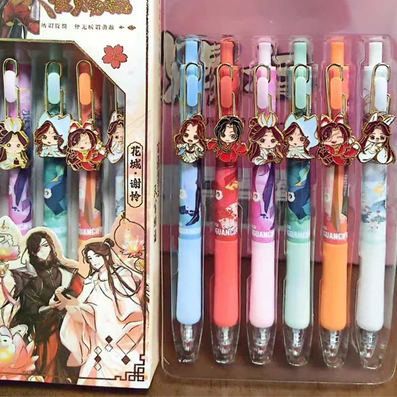 New 6Pcs Tian Guan Ci Fu Xie Lian Hua Cheng Gel Pen Metal Doll Heaven Official's Blessing Cartoon Signature Pen Stationery