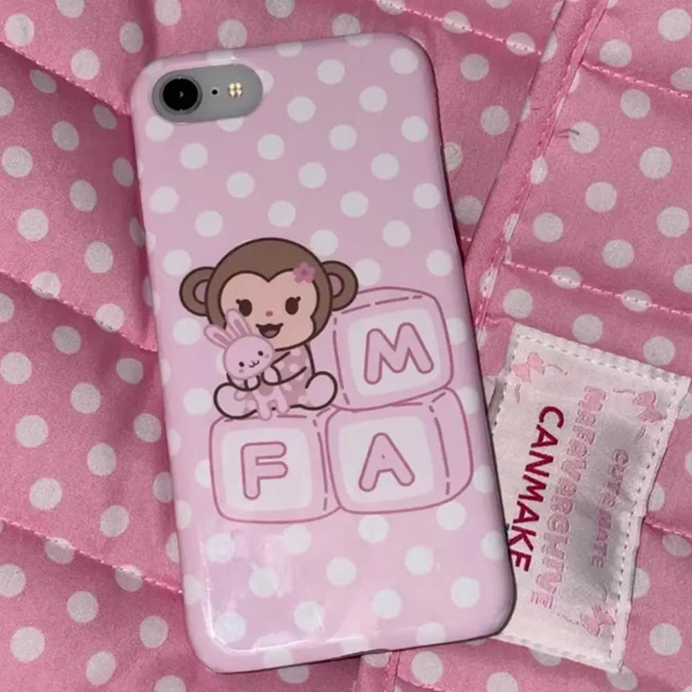 Korean Cartoon Sweet Pink Cute Little Monkey White Polka Dots Phone Case For iPhone 17 AIR 16 E 15 14 13 PRO MAX PLUS Cover