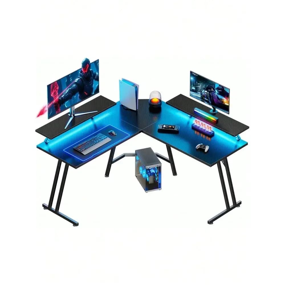 51 Inch L Shaped Gaming Desk With Monitor Stand And LED Lights, Corner Computer Desk With Carbon Fiber Surface, PC Gaming Table