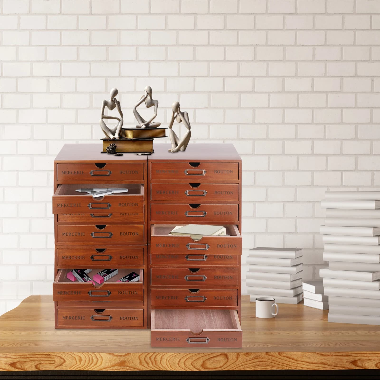 Set di Cassettiere da Scrivania, 16 Cassetti, Legno di Pino Vintage, Portaetichette in Metallo, Design Impilabile, Ideale per Organizzare Gioielli