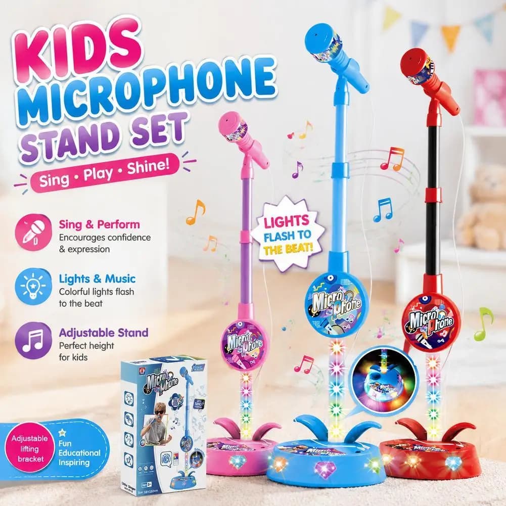 Kids Microphone Stand Set Adjustable Music Singing Toy Light Up Karaoke Machine Musical Toys Birthday Gifts for Boys Girls