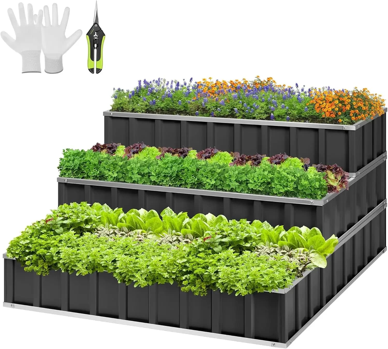 3-Tier Metal Raised Garden Bed 46x46x24 Galvanized Planter Box with Gloves and Scissors for Outdoor Gardening Dark Gray