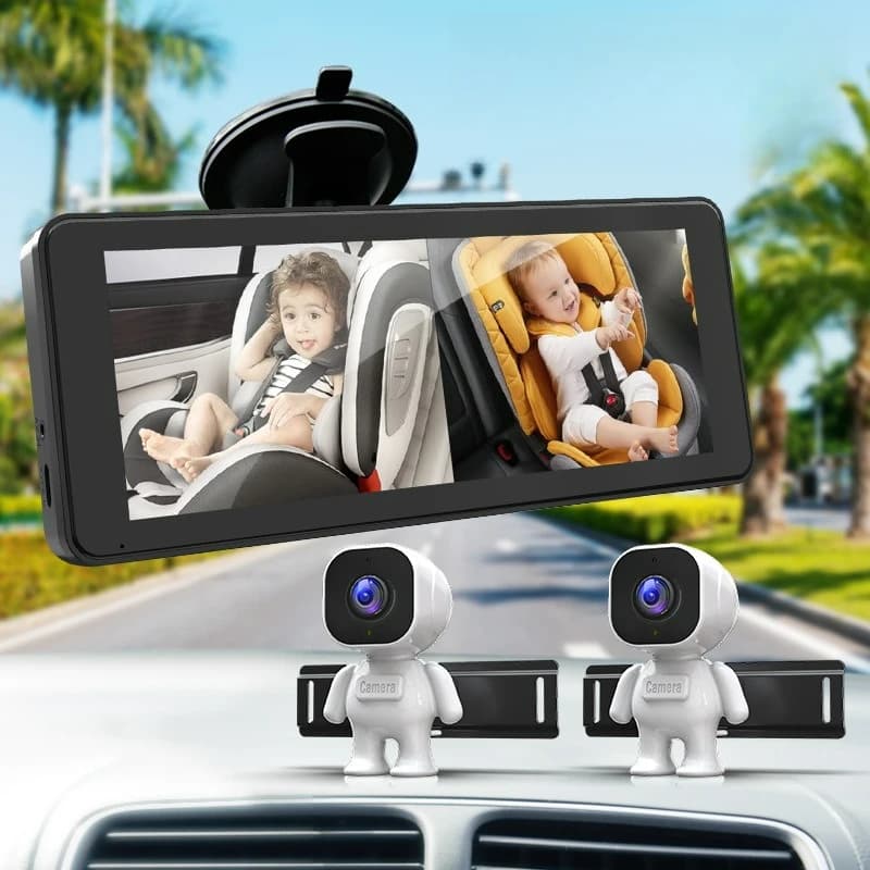 Monitor per Auto con Telecamera per Bambini 6.86" 2CH Doppia Telecamera AHD Display Ultra-Ampio Alimentato DC/USB Orientato all'Indietro per Bambini e Animali Domestici