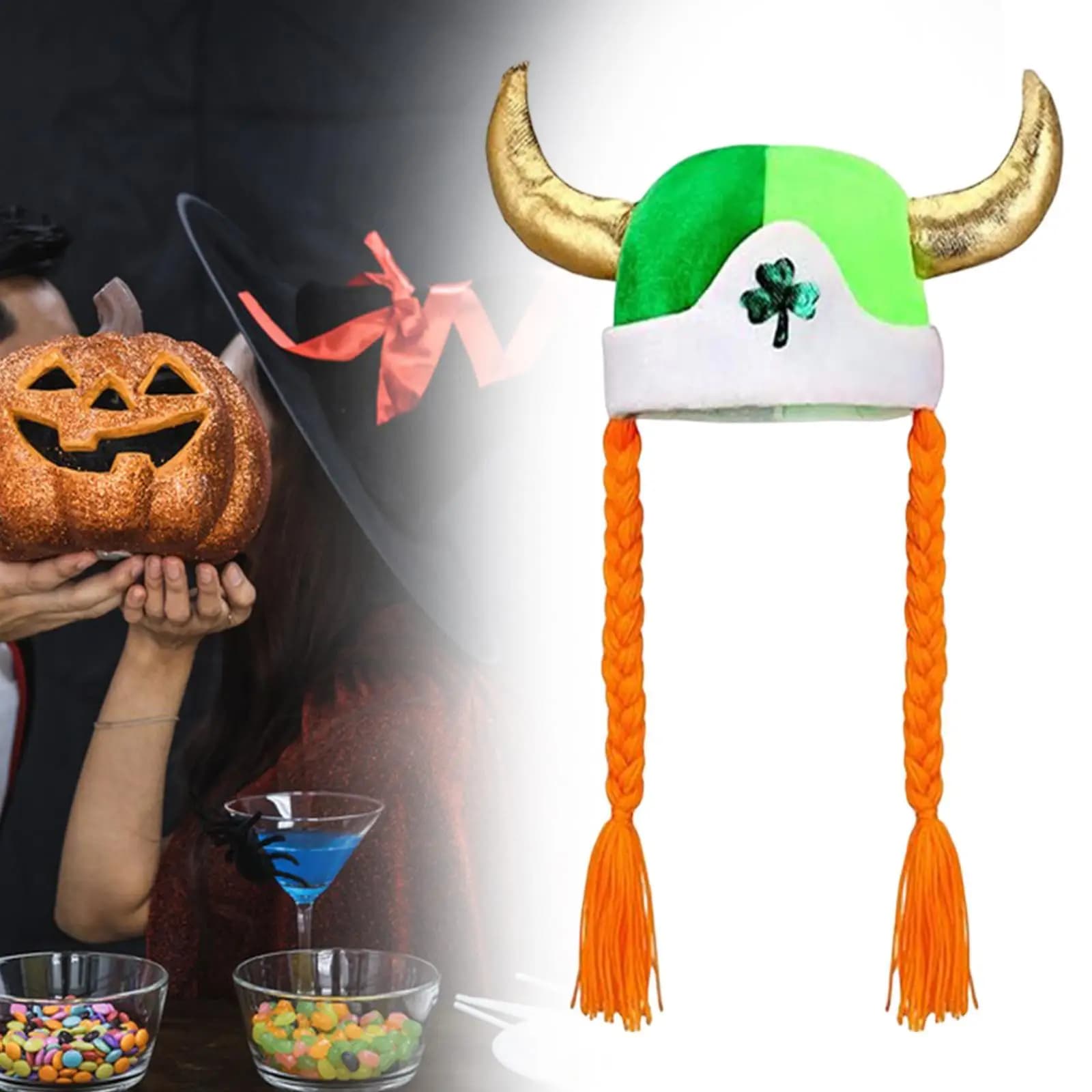 ST Patrick's Day Hat Men Women Decorative Viking with Braids Hat Viking Dress Hat for Club Festival Cosplay Masquerade Holiday