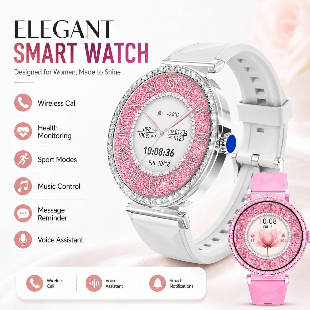 LAXASFIT Smart Watch for Women Rhinestone Jewelry Design NFC Bluetooth Call Heart Rate Monitor Fitness Tracker Period Gift