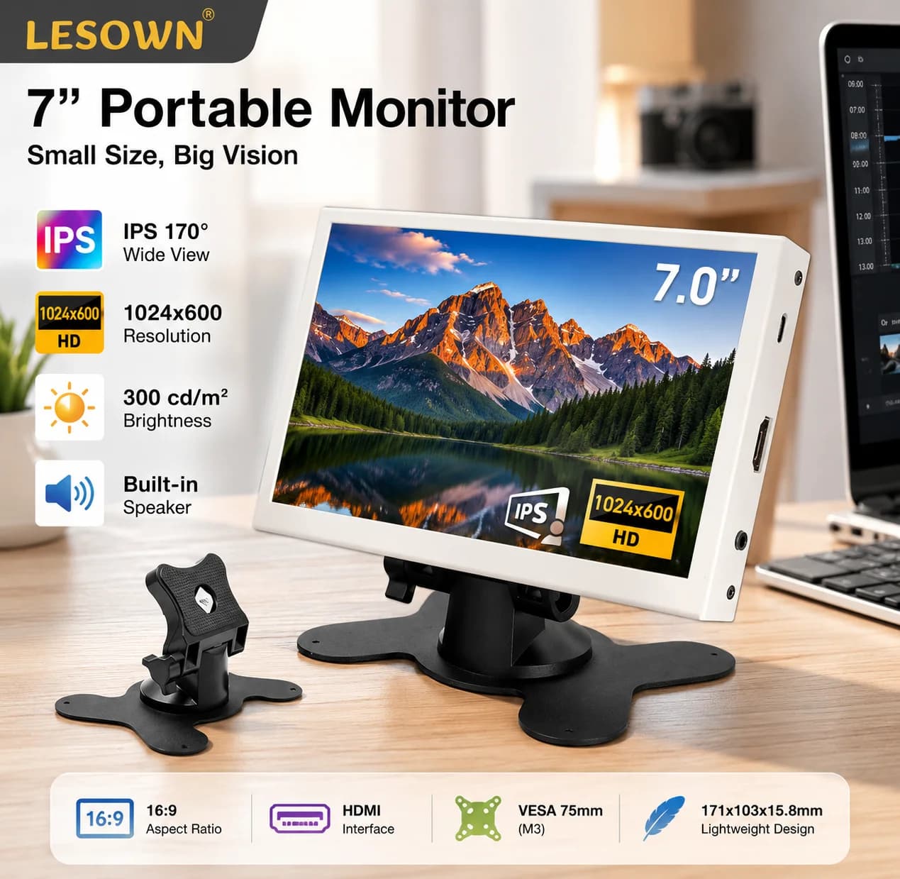 LESOWN IPS 7 Inch HDTV Display Portable Screen Plug and Play for Digital Art Photo Frame Driver-free Easy Touch Set