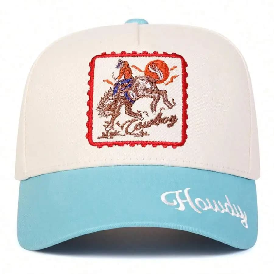 Cappello da cowboy da donna con ricamo di cavalieri e scritta Howdy, berretto da baseball casual a cinque pannelli