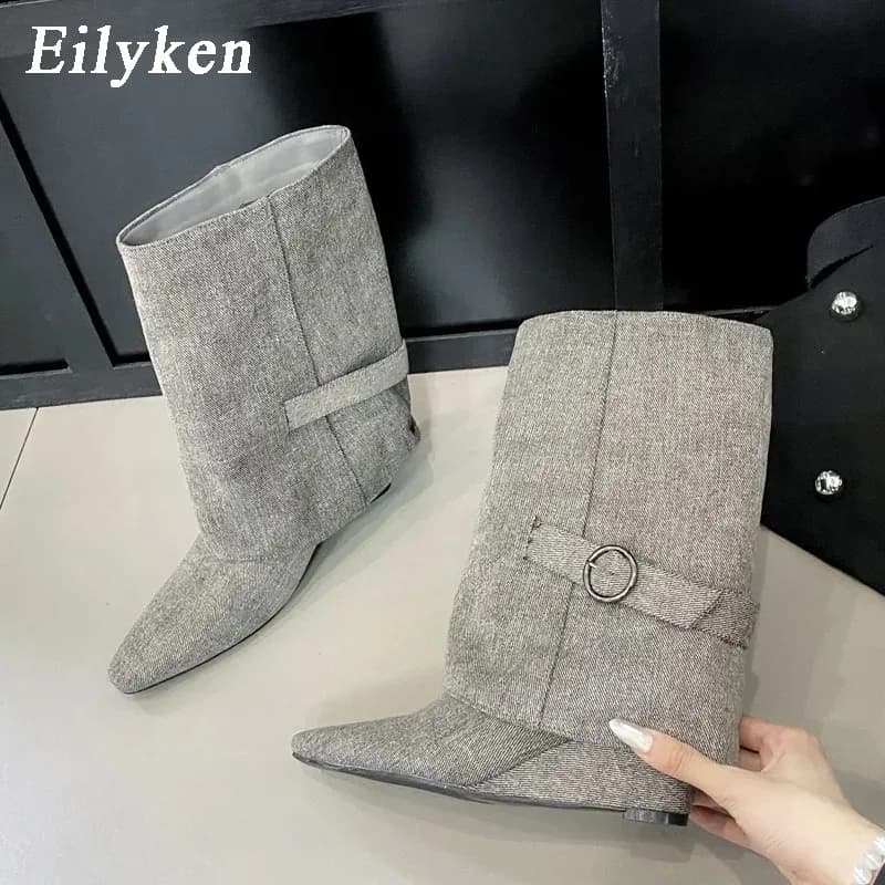 Eilyken Winter Design Pointed Toe Women Ankle Boots Fold Belt Buckle Wedges Heels Short Booties Shoes Mujer