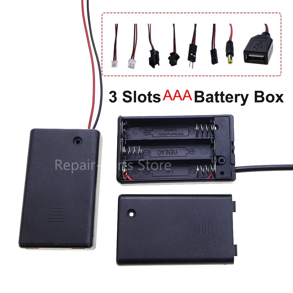 Custodia per batteria a 3 slot Scatola portabatteria AAA con interruttore e coperchio e cavo terminale DuPont PH2.0 XH2.54 DC5.5X2.1 USB2.0