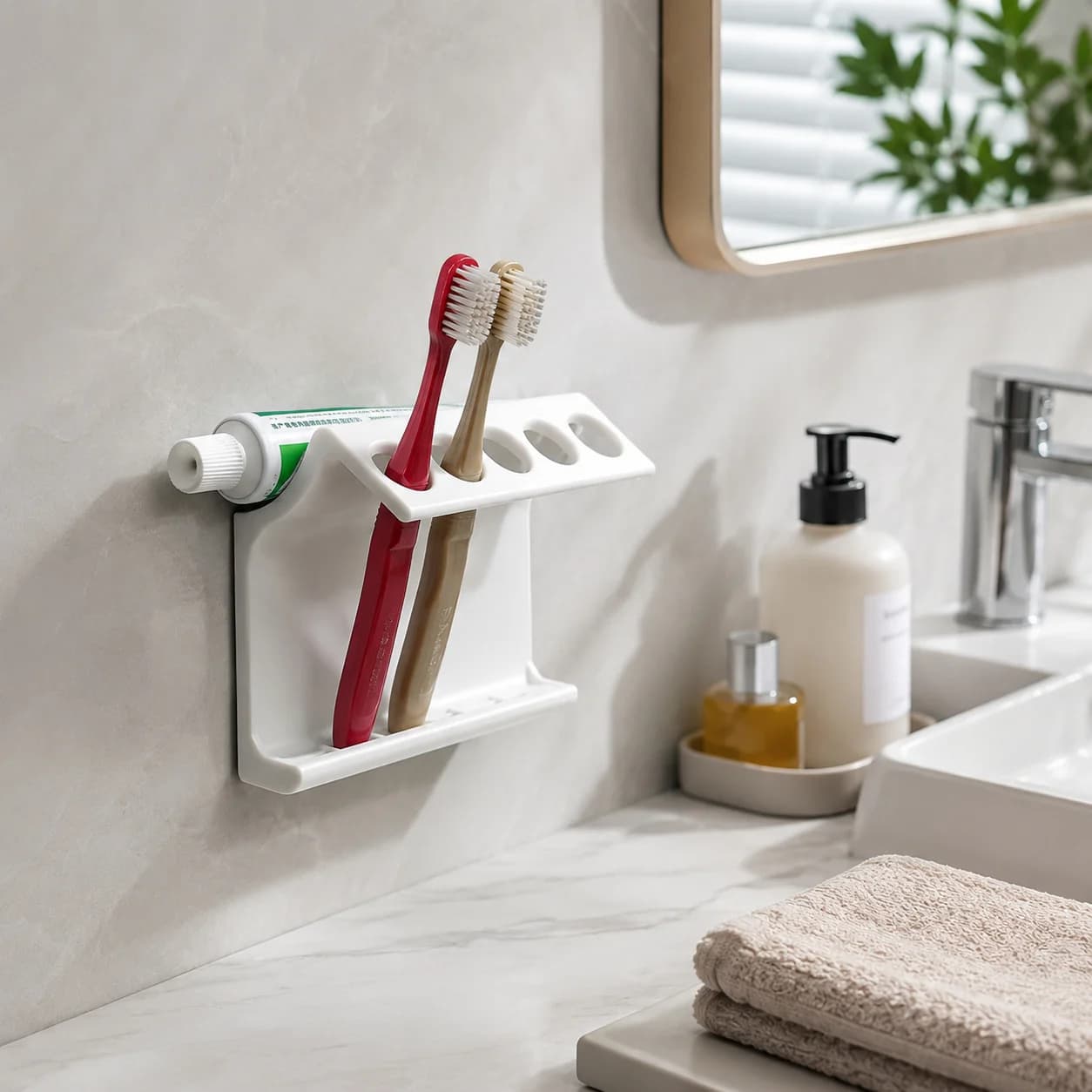Multifunctional bathroom shelf, toothbrush holder, multifunctional draining rack, storage and organization rack for bathroom and kitchen countertops, stylish and practical (without self-adhesive glue)
