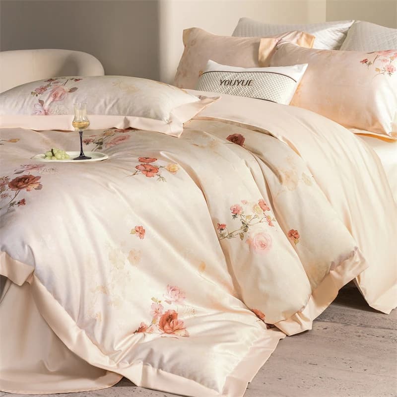 Set di Biancheria da Letto in Cotone Egiziano di Lusso, Copripiumino Stampato con Rose ad Acquerello, Set Morbido a 4 Pezzi con Bordi Larghi, Lenzuola e Federe, Tessili per la Casa