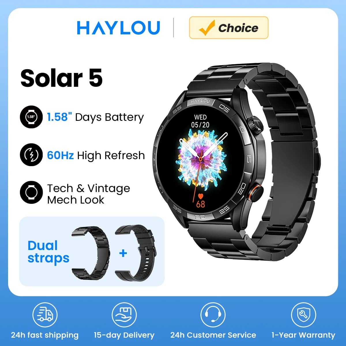 HAYLOU Solar 5 Chiamate vocali Smartwatch 1.58 ''Display AMOLED 60Hz Smart Watch 24 ore Monitoraggio della salute Sport Smartwatch per uomo