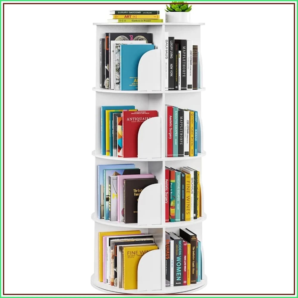 4-Tier Rotating Bookshelf Tower, Spinning Bookcase Lazy Susan, 360° Revolving Shelf Storage, Space-Saving Corner Organizer, White