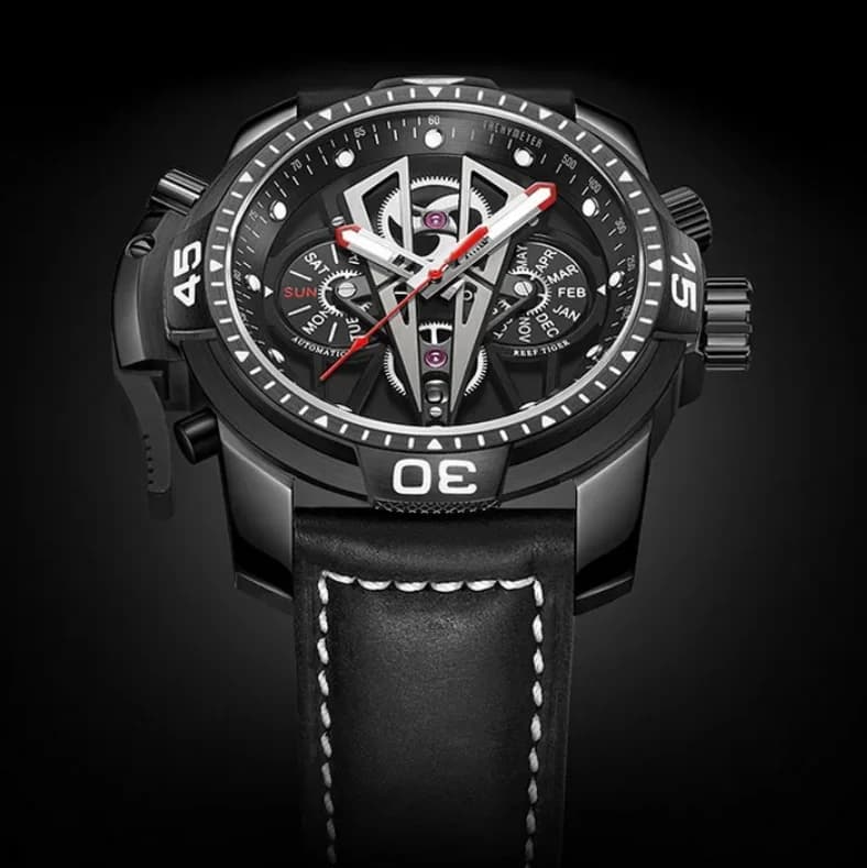 Reef Tiger Orologio Automatico da Uomo 45.5mm, Orologio da Polso Meccanico con Zaffiro, Luminoso, Militare, Multi-quadrante, Mese, Settimana, Data, Movimento Mioyota 9122