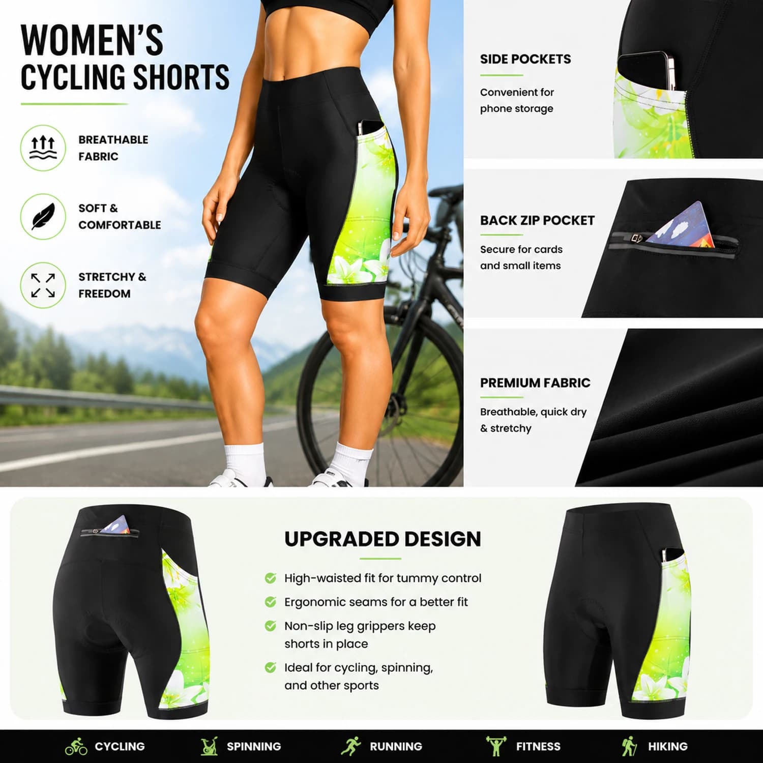 Women’s Professional Style Cycling Shorts with 3D Padding Side Storage Pocket Stretch Bike Shorts