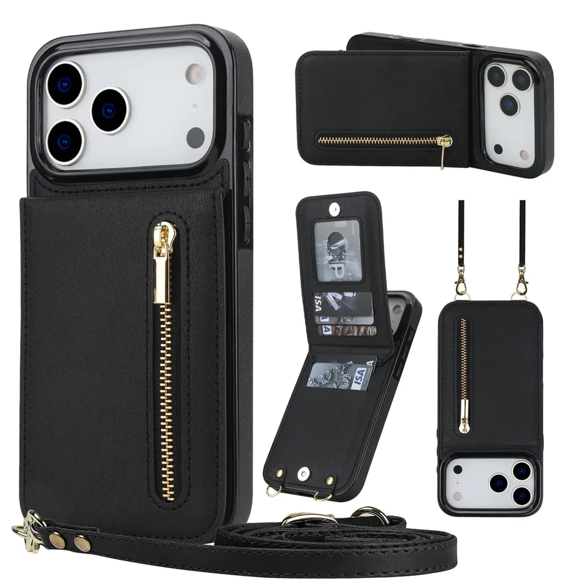 Leather phone case with wallet with shoulder zipper for IPhone 16 Pro Max 17 Air 16E 15 14 Plus 13 12 11 XR XS Cover with bracket