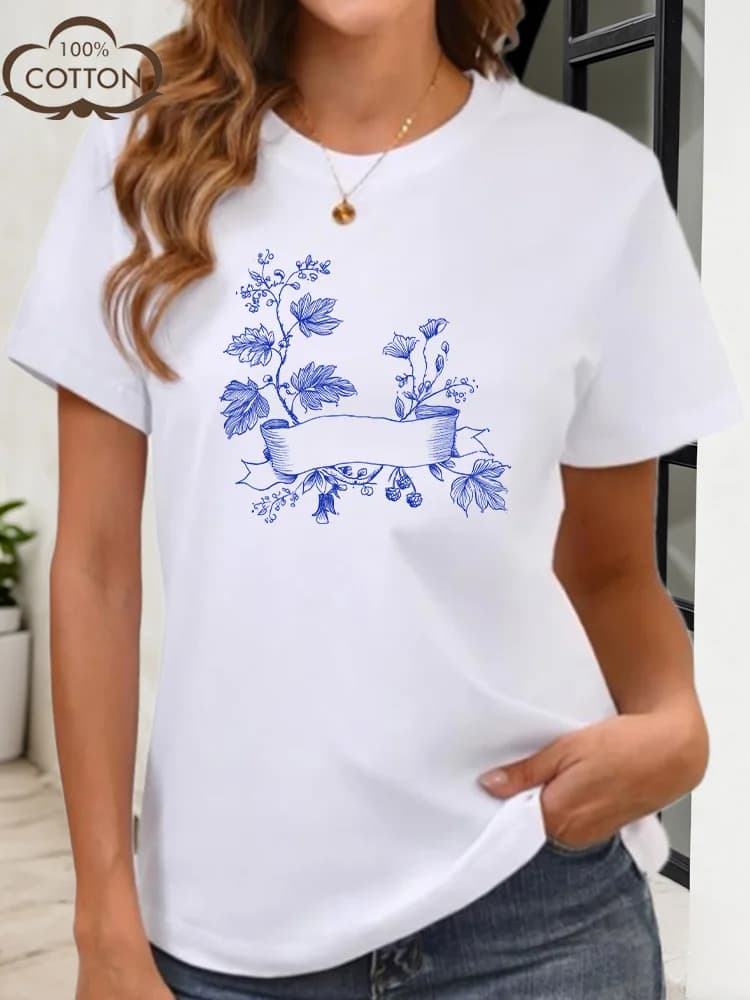 T-shirt grafica da donna con foglie di acero e fiori, in cotone 180G, girocollo, manica corta, casual, per l'uso quotidiano estivo