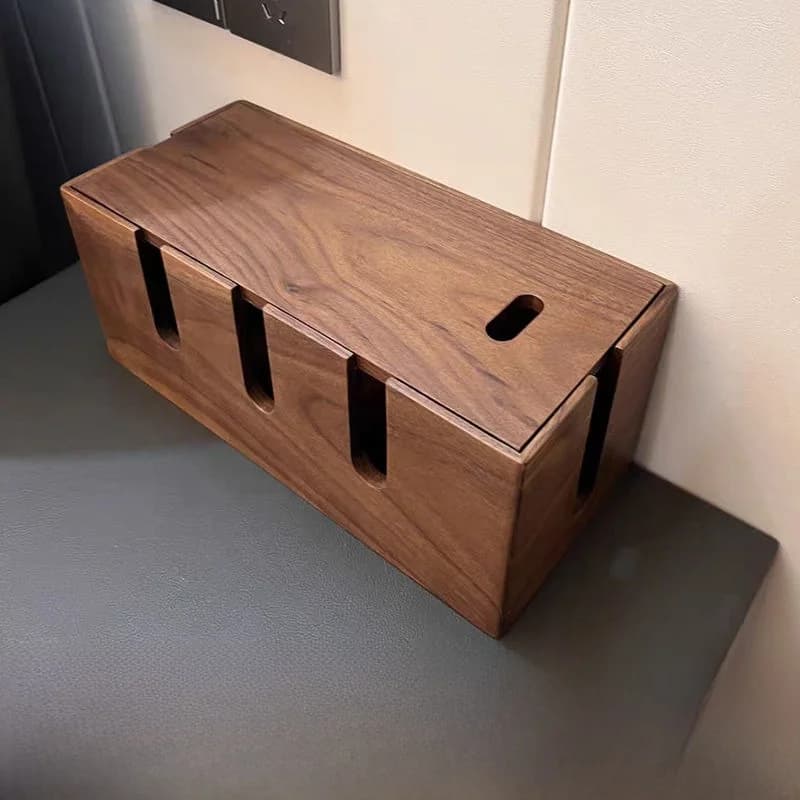 Scatola Organizer per Cavi in Legno di Noce di Lusso, Contenitore per Cavi e Prese, Gestione Cavi da Scrivania o Pavimento