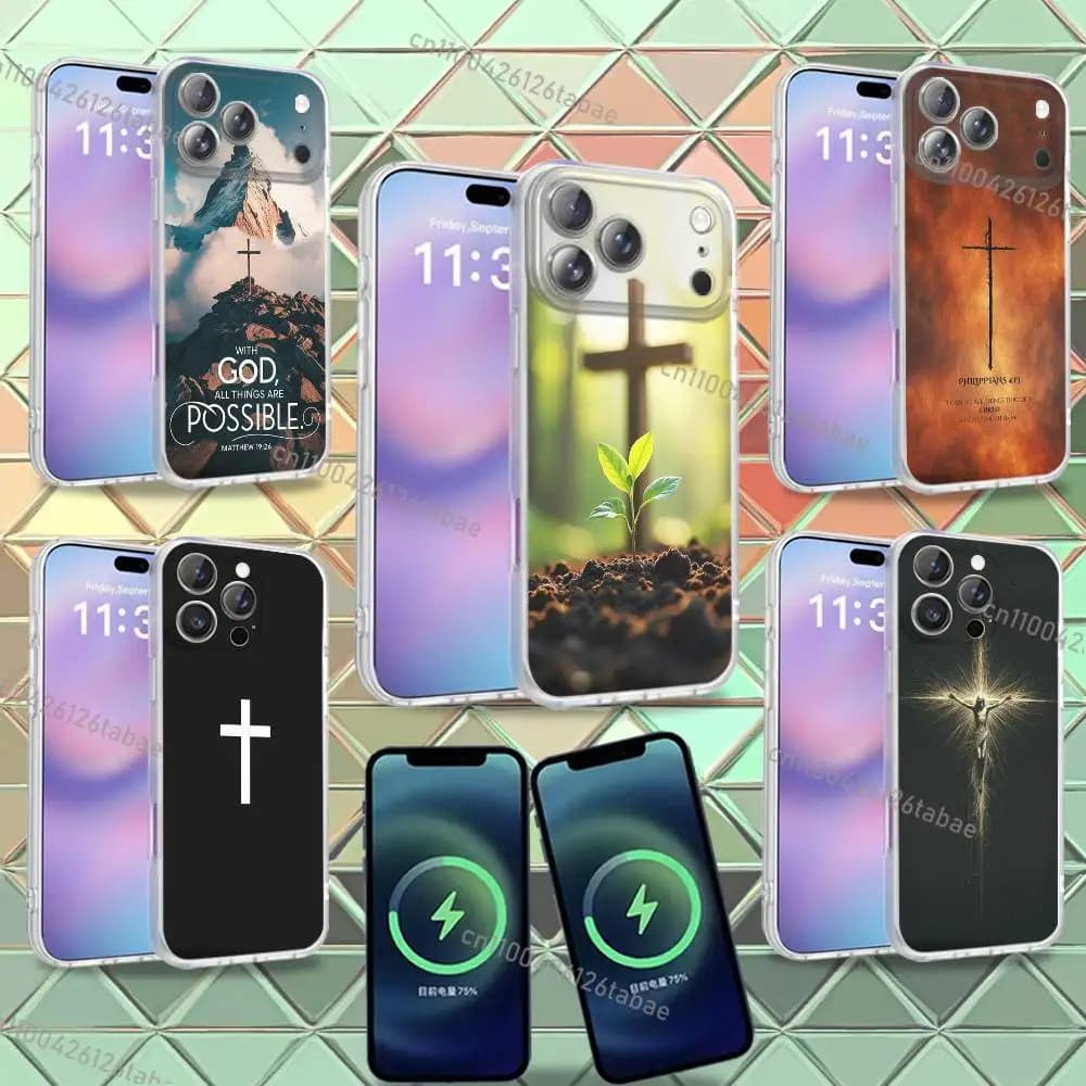 NUOVA Cover per iPhone con Versetto Biblico a Croce, per iPhone 16, 14, 11, 17, 13, 15, 12, Air, Plus, Pro, Max, E, Mini, Opaca, Compatibile con MagSafe Magnetico