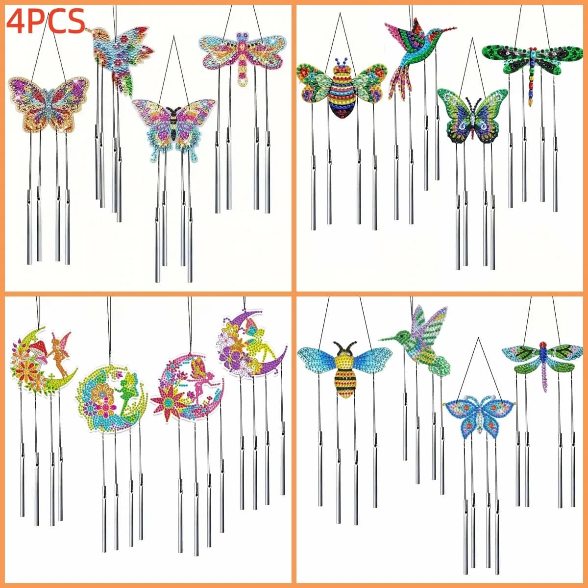 4PCS Handmade DIY Mosaic Wind Chimes, Animal Acrylic, Home Outdoor Hanging Decor