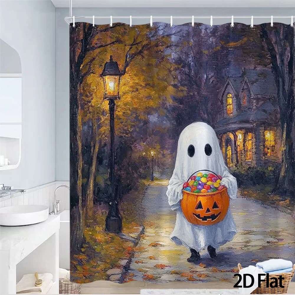 Halloween Ghost Trick or Treat Shower Curtain, Pumpkin Bucket Street Lamp Print Waterproof Bathroom Decor, Spooky Holiday Home