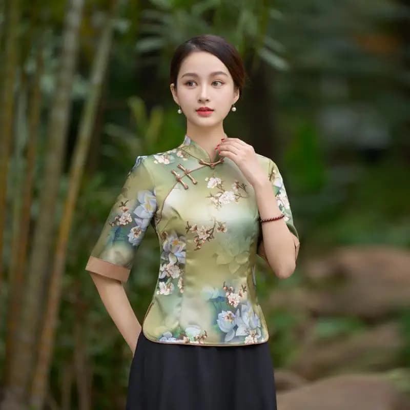 Top Qipao in raso Camicetta elegante da donna Camicia cheongsam con stampa floreale Tradizione Abito Tang in stile cinese Primavera Estate Nuovo costume