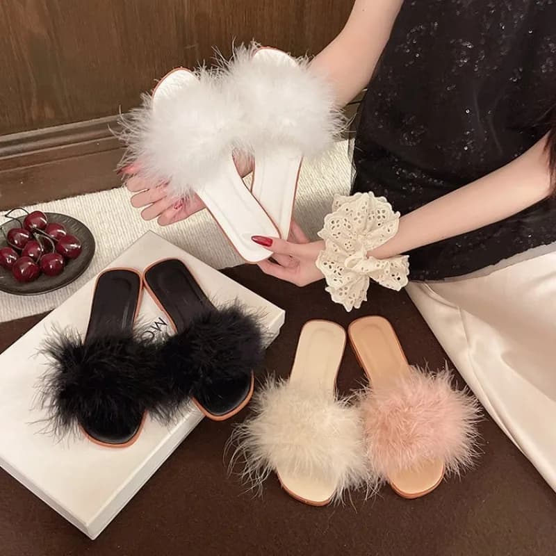 1Pair Women Clear Heel Faux Fur Square Toe Slip On Slides Party Club Casual Comfort Summer House Slippers Sandals