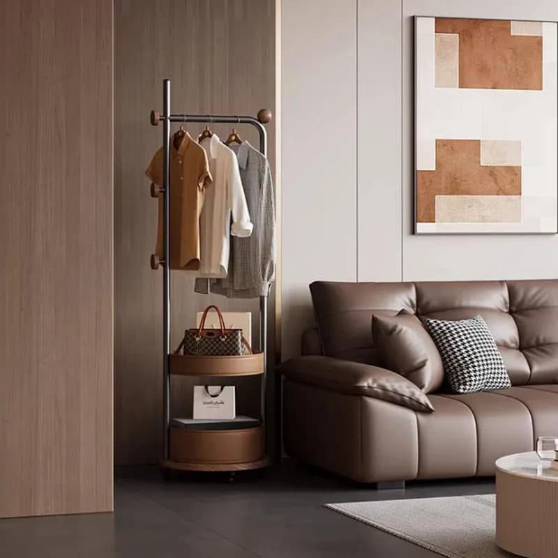 Floor hanger space saving with corner shelf for interior, wall coat hangers for living room