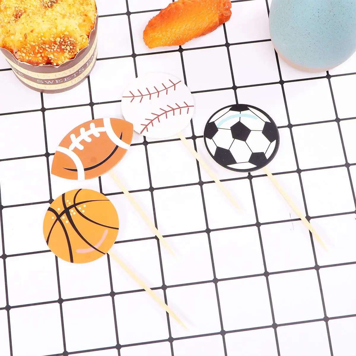 24 Pieces Sports Theme Decorations: Football, Volleyball, Basketball, Rugby, Cupcake Card Topper, Dessert Accessories