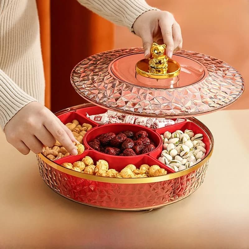 Scatola Girevole per Caramelle, Contenitore per Snack a Griglia per Uso Domestico, Cesto Portafrutta e Frutta Secca in Stile Cinese Rosso, Vassoio per Frutta