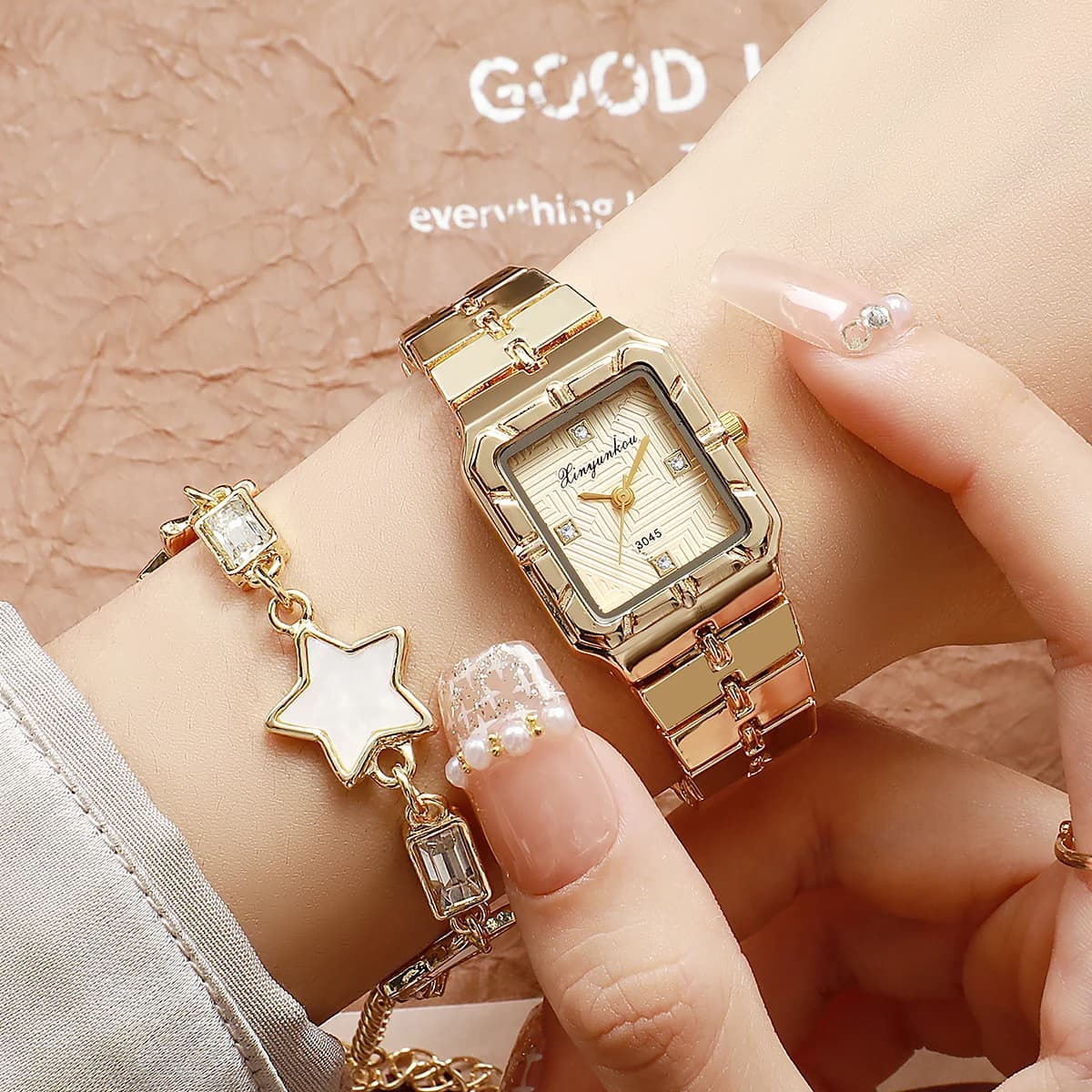 Women's Gold Star Bracelet | Square Dial | Crystal Star Shape Pendant | Elegant Gift Set in 2 Pieces