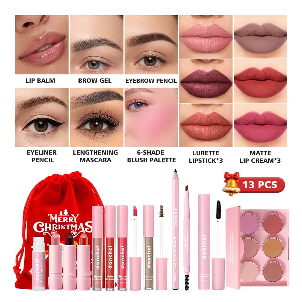 13Pcs Full Makeup Set Lipstick Lip Gloss Blush Palette Brow Liner Mascara Eyeliner Lip Balm Complete Cosmetic Kit Christmas Gift