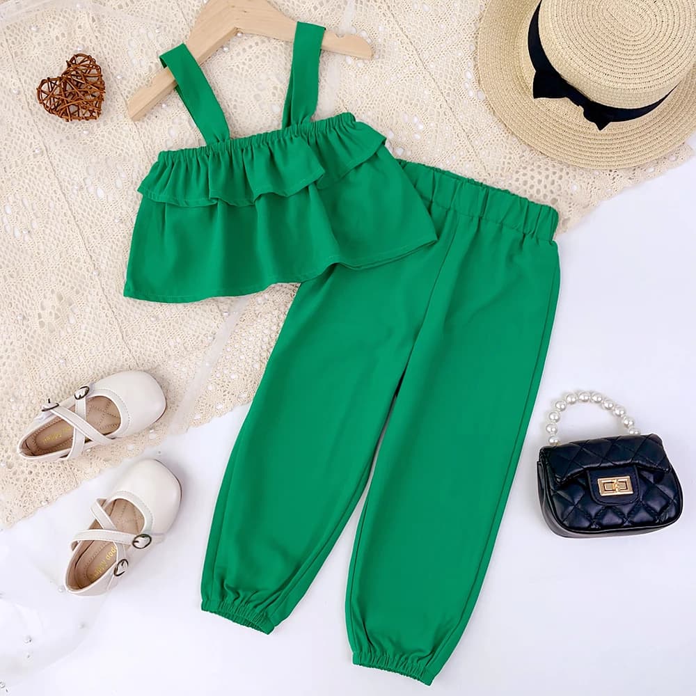 Vestiti per ragazze vestito verde per ragazza estiva Top con bretelle in tinta unita + pantaloni casual a gamba larga abbigliamento per bambini carino 3-7 anni