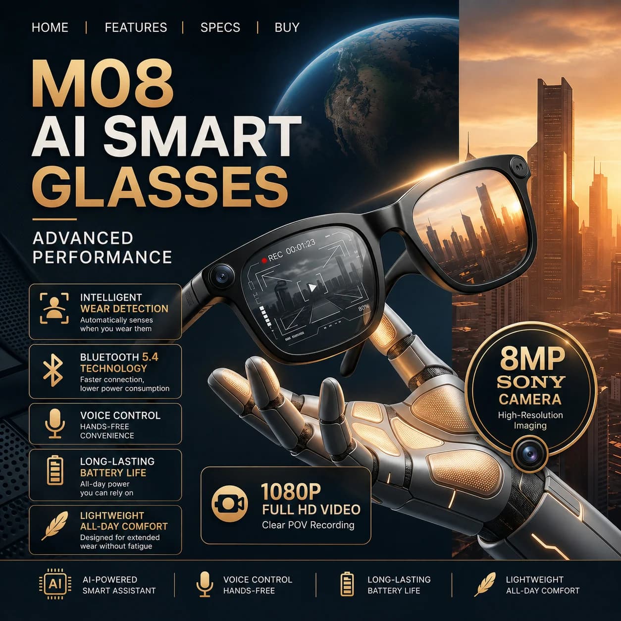 Nuovi Occhiali Smart 2026 con Altoparlante Bluetooth Open-Ear, Controllo Vocale AI, Fotocamera HD, Musica Wireless e Traduzione in Tempo Reale - Regalo Perfetto