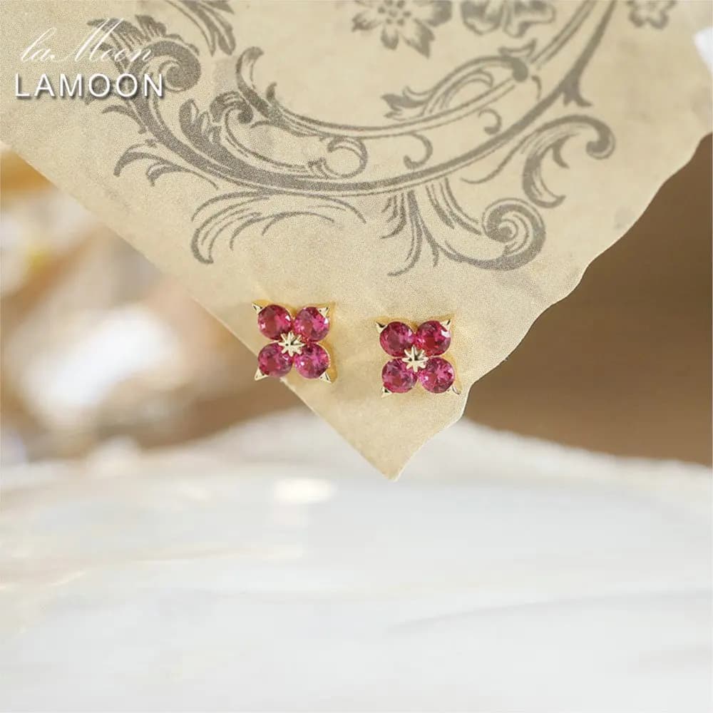 LAMOON Lucky Synthetic Ruby Four Sheets Earrings For Women Simple Exquisite 925 Sterling Silver Gold Vermeil Jewelry Refined Gift