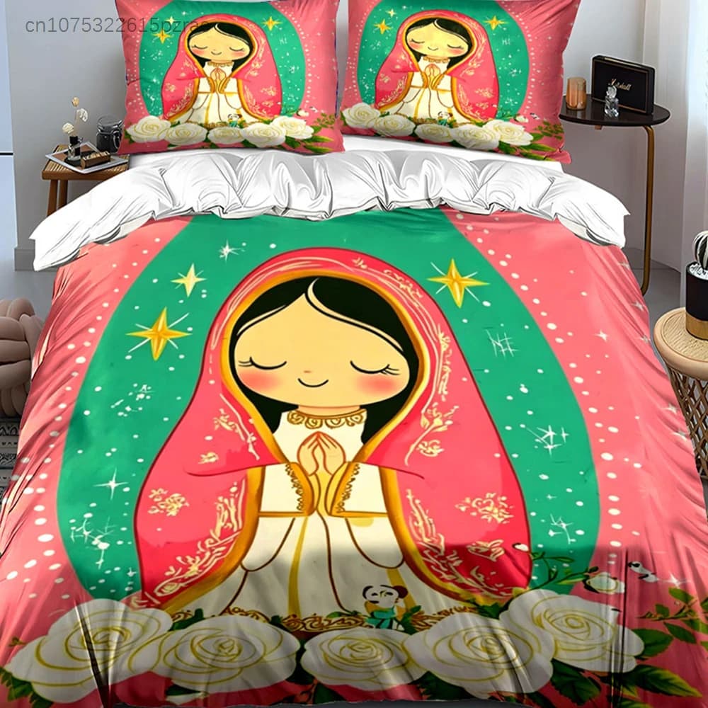 3PC Our Lady Bedding set,Bedroom Decor,Elegant Religious Fitted Duvet cover& Pillowcases,Bedding With Virgin,Twin/Full/Queen