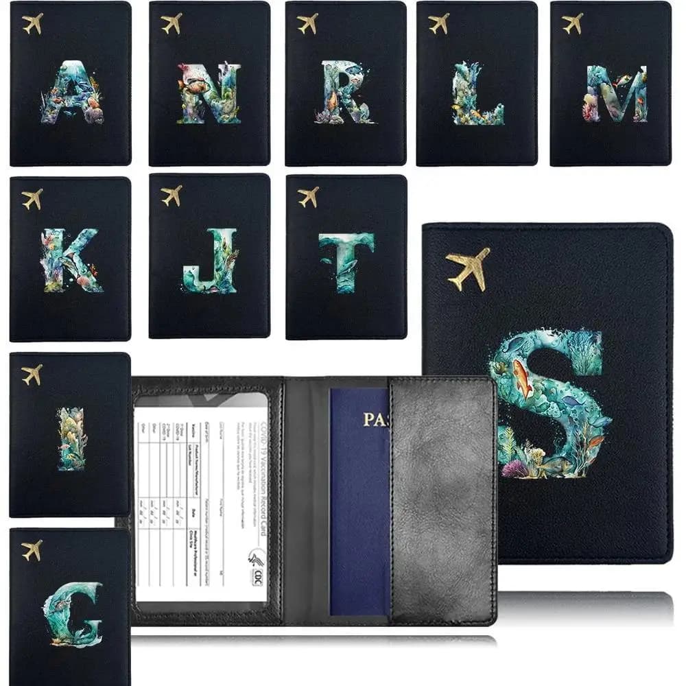 Porta Passaporto in PU Multifunzione, Custodia per Carte di Credito in Pelle, Contenitore Impermeabile Facile da Trasportare, con Motivo a Lettere e Pesci