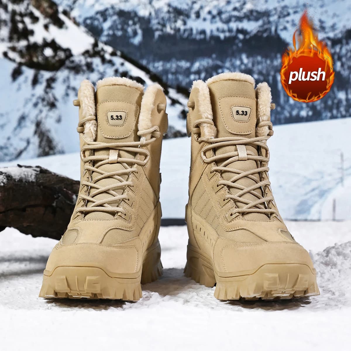 Men Winter Plush Lined Snow Boots High Top Non‑Slip Thick Sole Outdoor Hiking Combat Boots Warm Cold Weather Shoes
