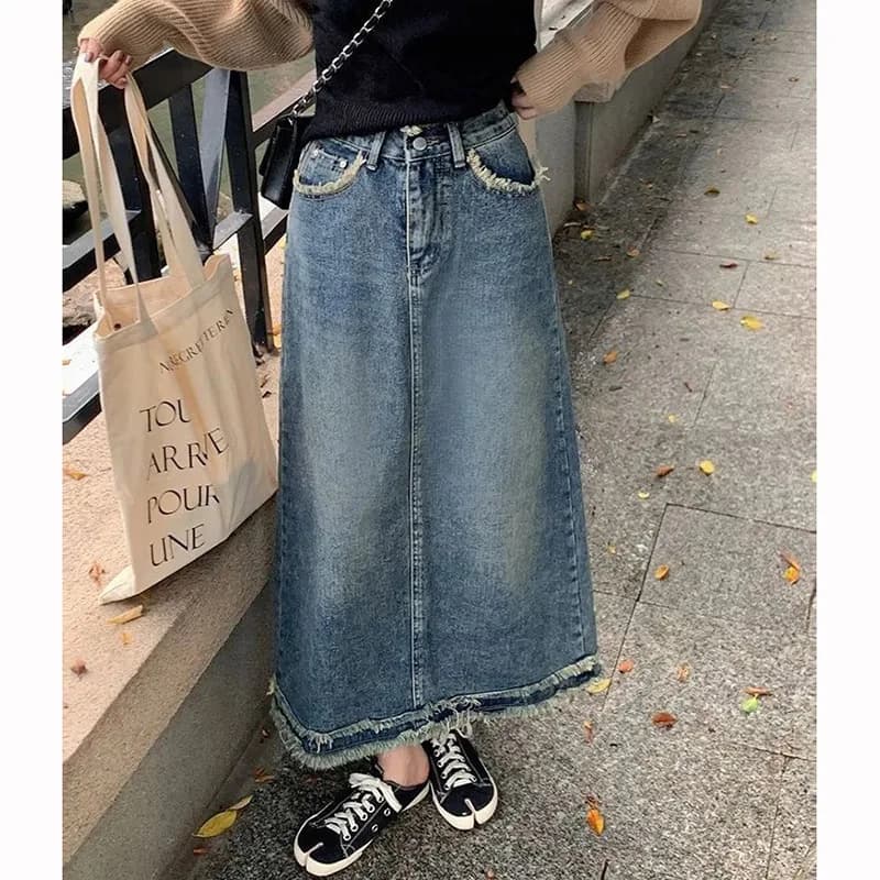 Summer Hot Sale Girls Solid Color High Waist Jeans Skirt Lady Chic Raw Edge Design Denim Skirt Women Thin Mid-Long Dress