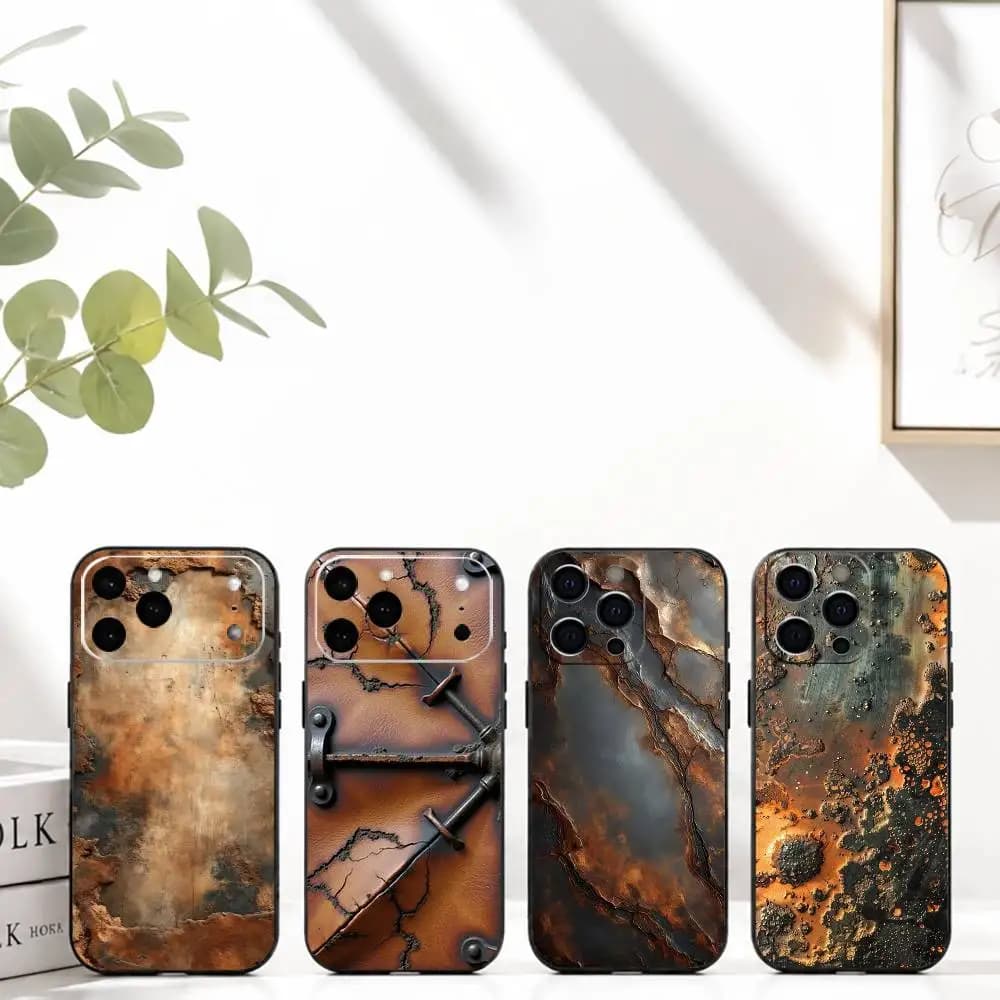 Cover per iPhone in silicone morbido nero stile industriale effetto ruggine R-Retro per iPhone 17, 16, 15, 14, 13, 12, 11 Plus, Pro Max, XS