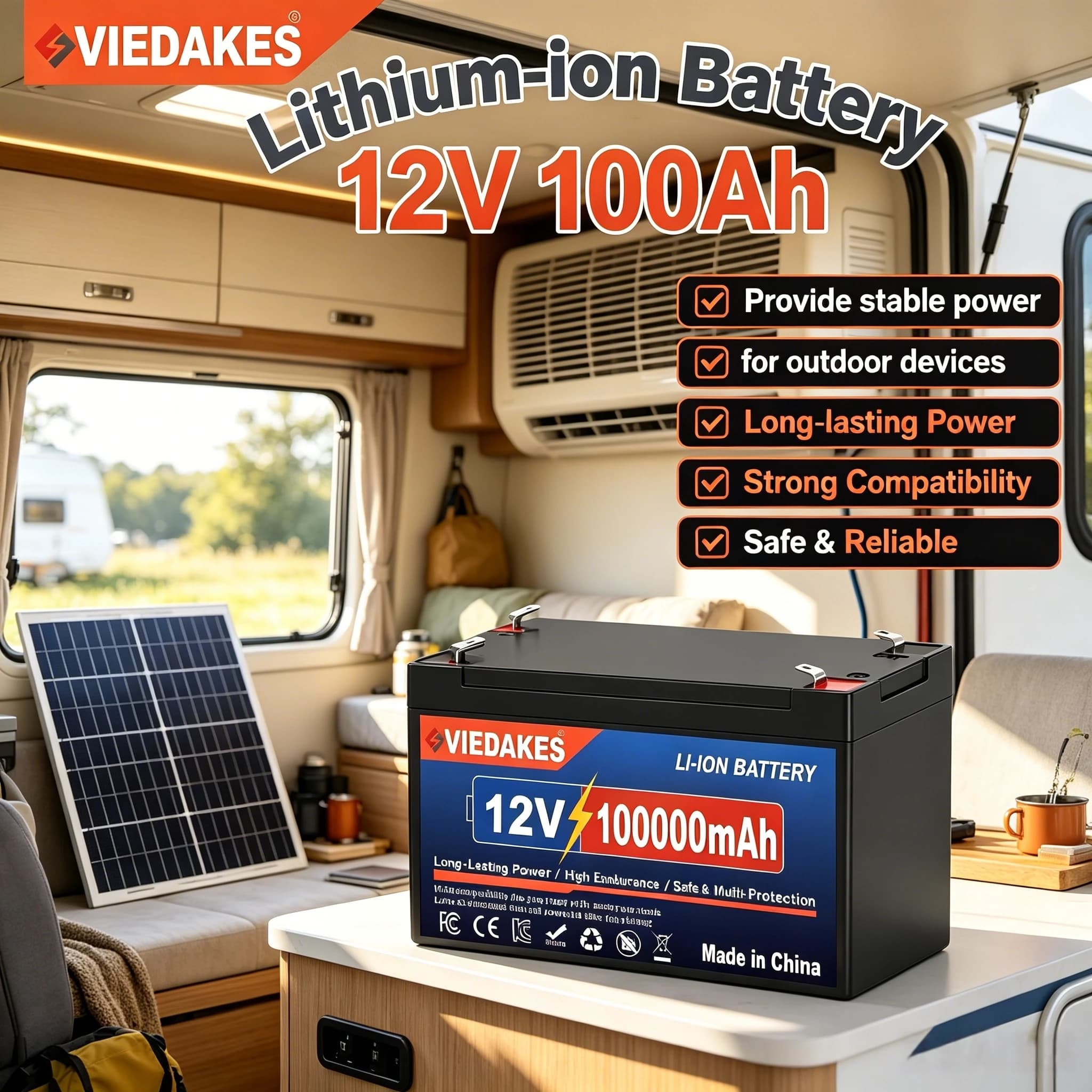 VIEDAKES 12V 100000mAh LiFePO4 Battery Multi-protection, Camping Home Appliance Power Tool Boat Solar Storage Battery