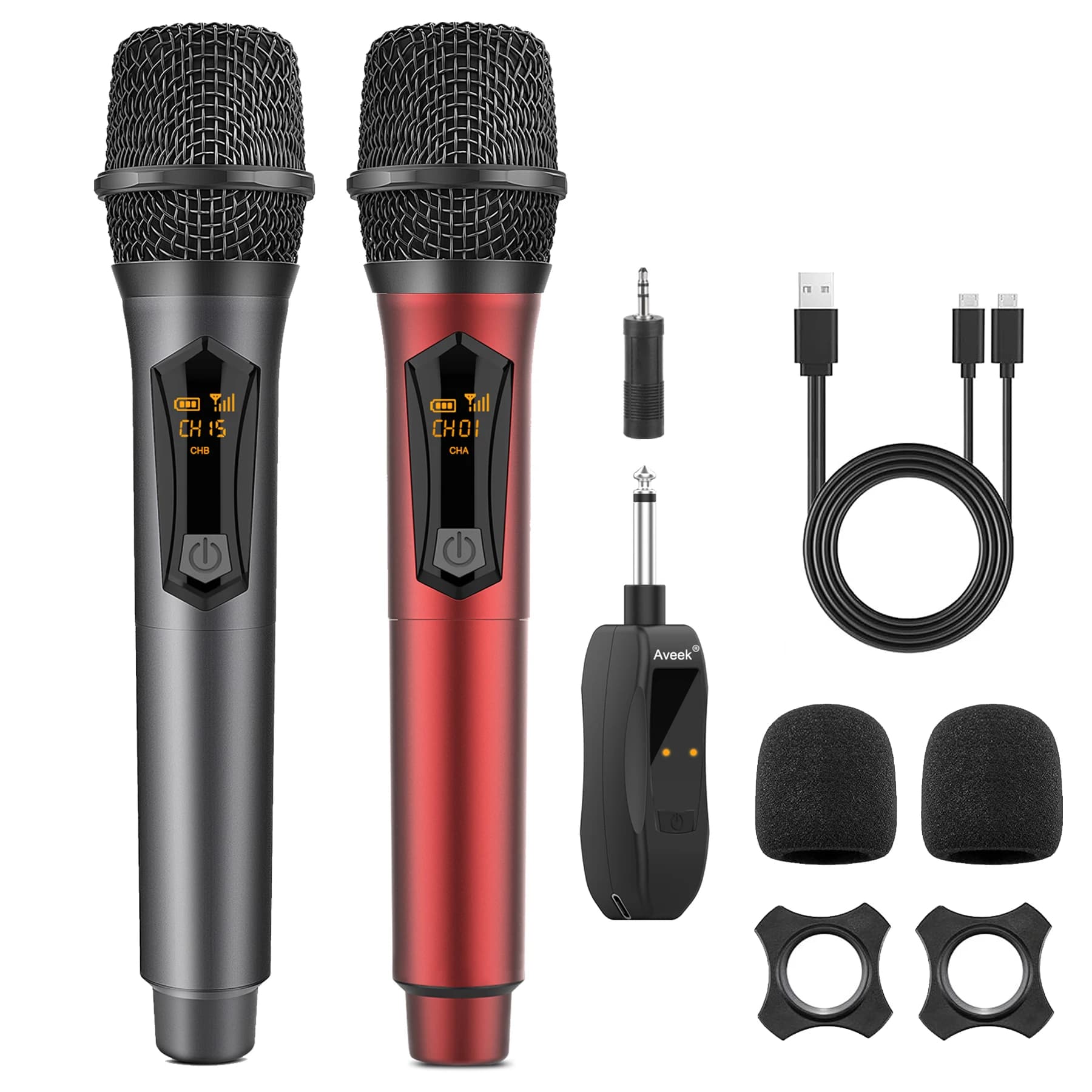 Microfono wireless Aveek per altoparlante e macchina per karaoke, microfono per karaoke ricaricabile da 2,4 GHz (travatta 10 ore), per feste, 2 confezioni