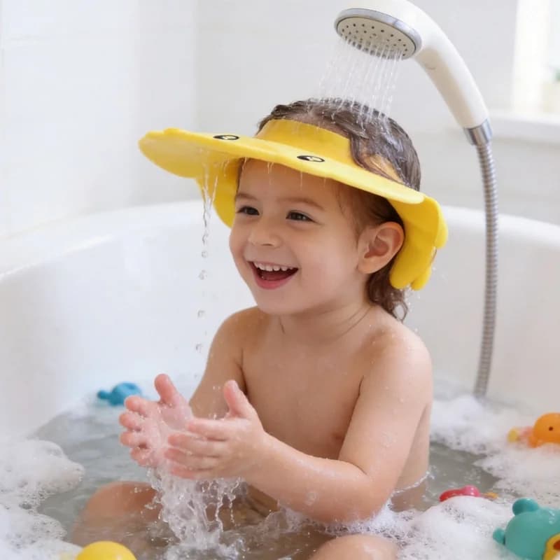 Baby Silicone Shower Cap Adjustable Bath Hat Kids Waterproof Hair Washing Shield Ear Eye Protector with Toddler Yellow Duck Cup