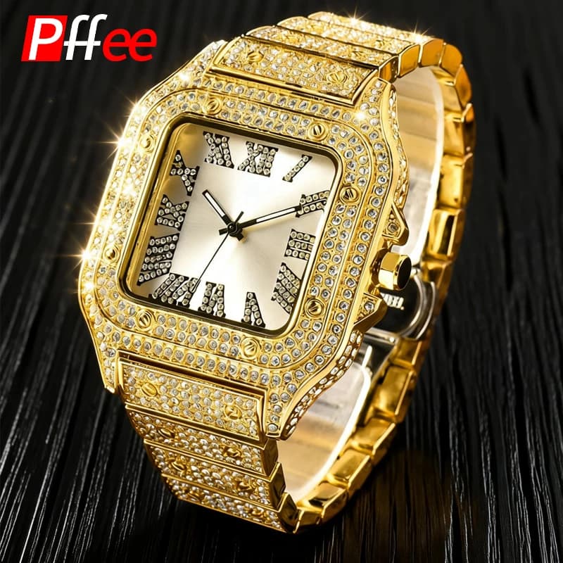 Orologio da uomo HipHop Pffee 18K, gioielli da rapper, placcato oro e argento, orologio al quarzo di lusso con strass, idea regalo
