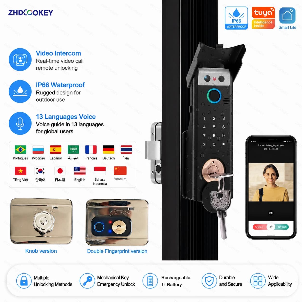 Impermeabile Smart Lock APP remota Videocitofono Riconoscimento facciale 3D Tuya Smart Home Impronte digitali Password IC Card Campanello Tastiera