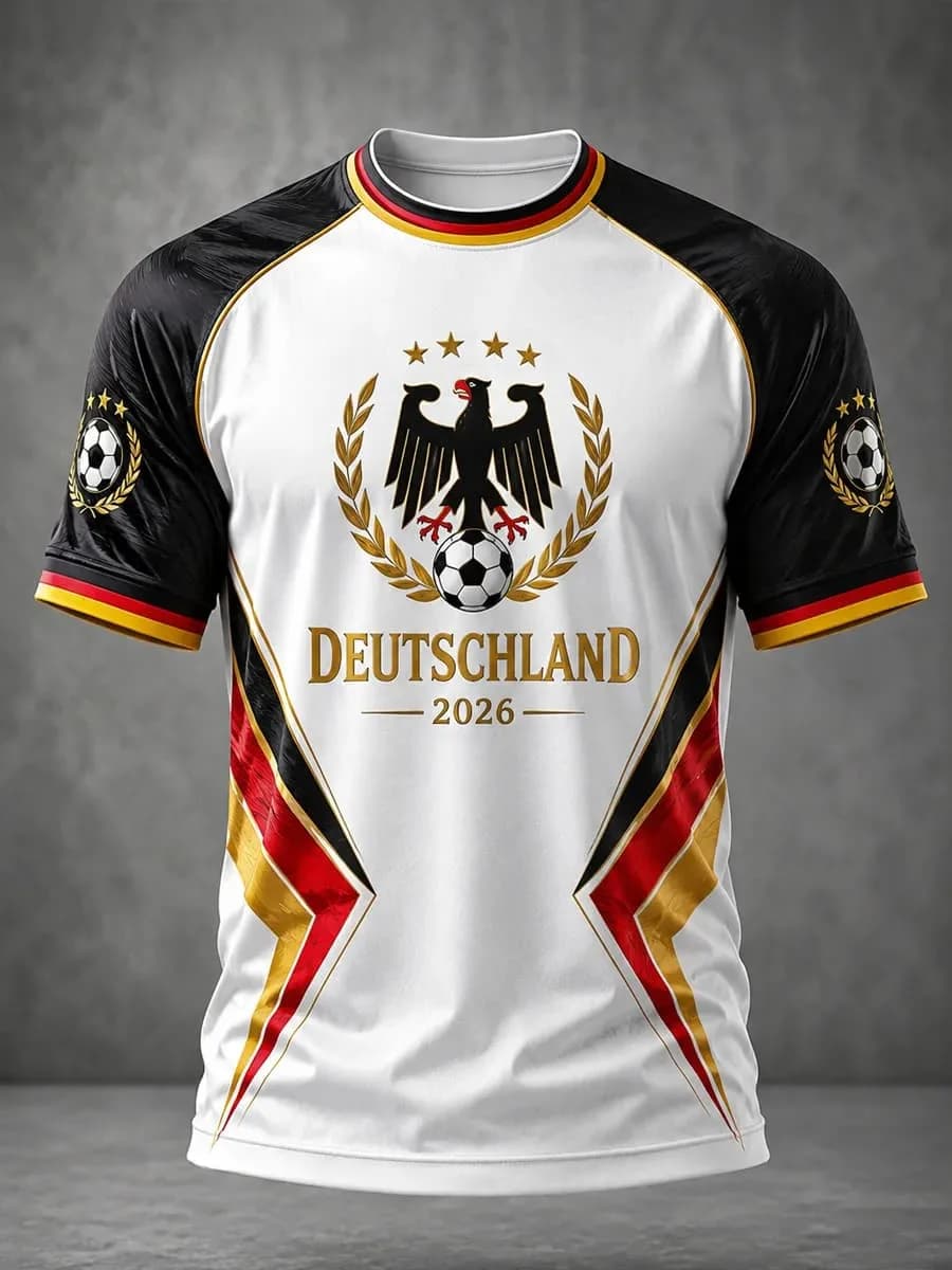 New Germany Team Football Jersey Men's Crew Neck Sportswear with Gradient Flag & Stars Print Casual Tops Summer T Shirt
