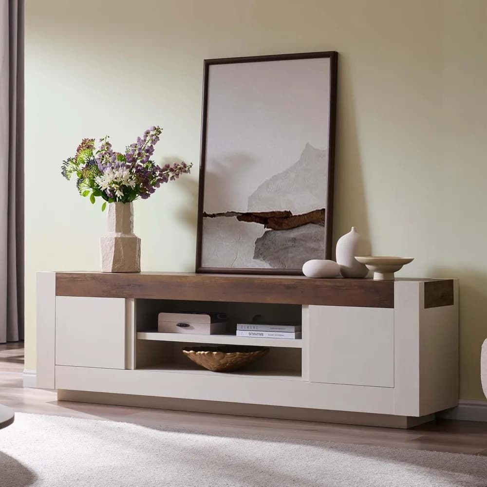Modern TV Stand for 80 Inch TV Thick Block Console Antique White