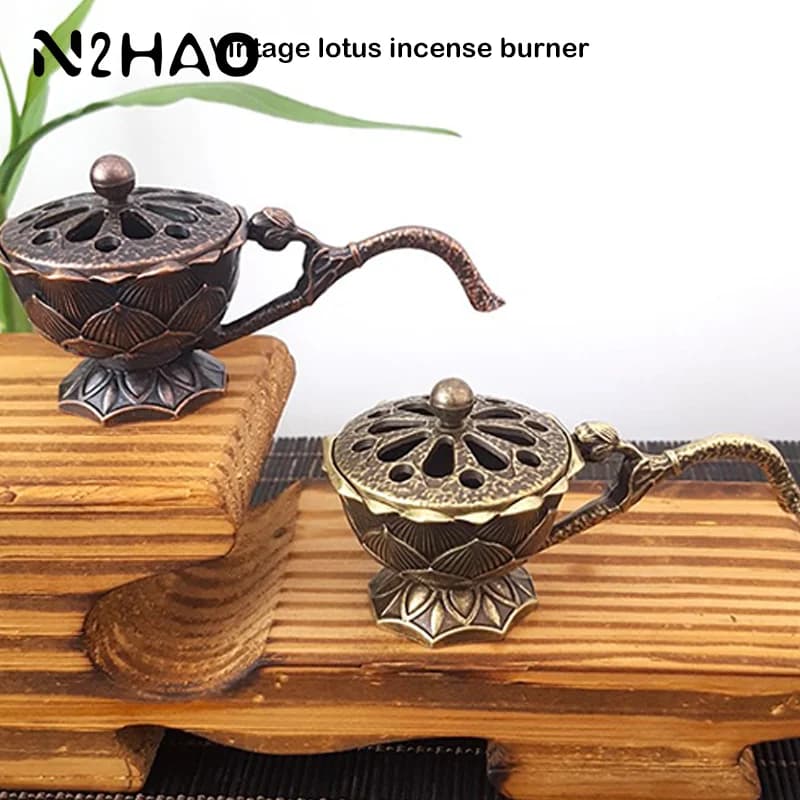 Lotus Flower Incense Burner With Handle Retro Lotus Hollow Out Incense Stick Burner Small Metal Craft Home Decor